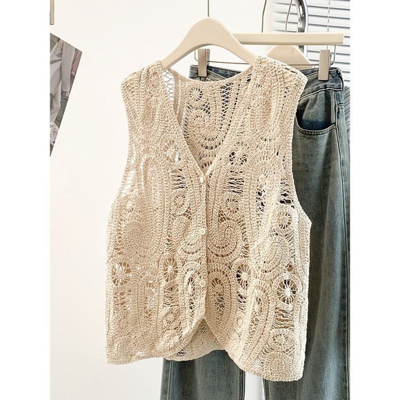 unbranded Jackets & Blazers - Unbranded Cream Crochet Knit Vest V-Neck Button Front Boho Open NEW Sz